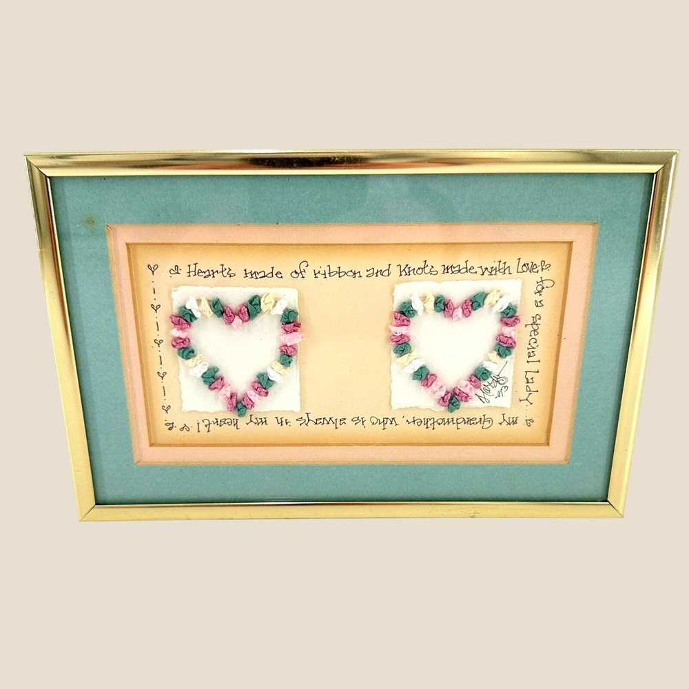 Vintage Handmade Ribbon Heart Framed Art Grandmacore‎ Cottagecore Love Decor